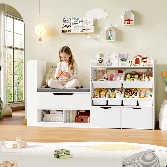 Homfa 63'' Kids Bookshelf with Reading Nook, Large Toy Storage Organizer with 3 Drawers & 6 Storage Bins, Kids Toy Storage Box with Bench for Playroom, Kid Room, White
