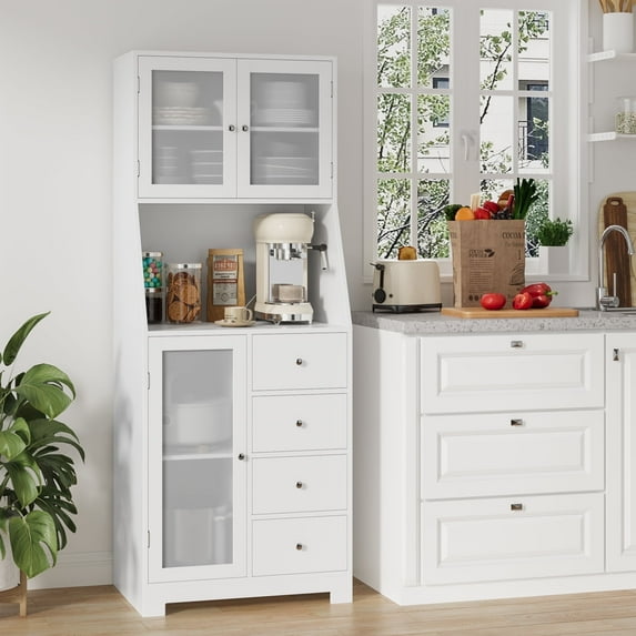 Homfa 64.1'' Kitchen Pantry with Microwave Shelf, 4 Drawers Storage Cabinets with Glass Door for Dining Room, White