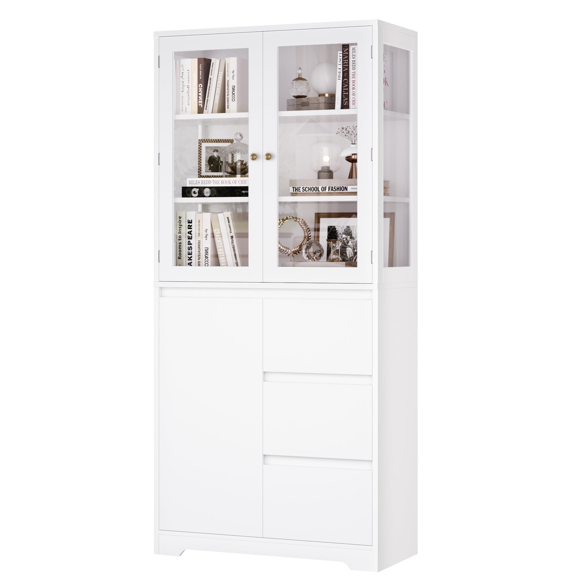 Homfa 71" Glass Door Bookshelf Bookcase with 3 Large Drawer, 3-Tier Modern Bookshelves with Adjustable Shelf, White
