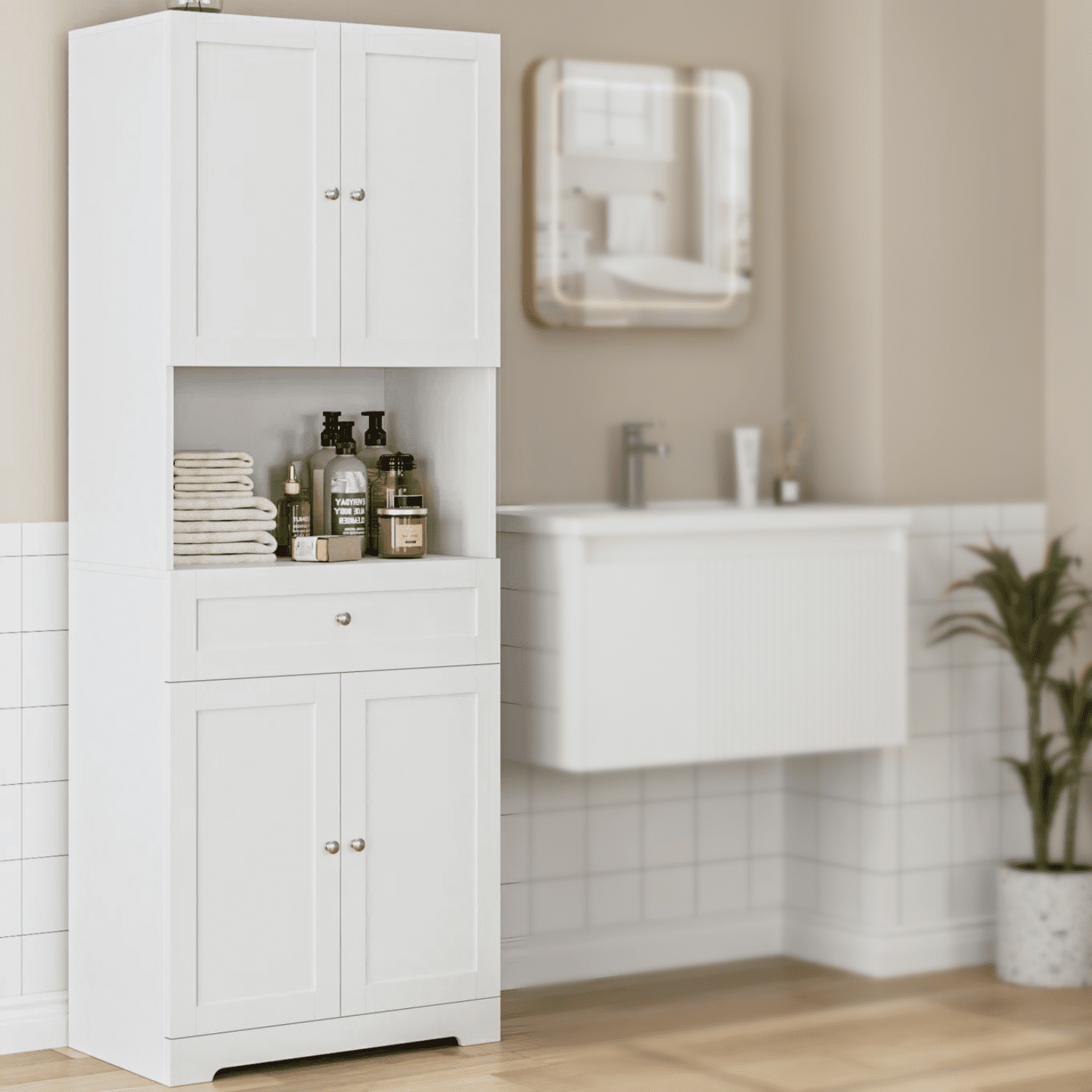 Homfa 67.5" Tall Bathroom Storage Cabinet with Drawer, 4 Door Modern Freestanding Cupboard, White