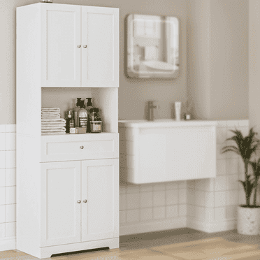 Homfa 67.5" Tall Bathroom Storage Cabinet with Drawer, 4 Door Modern Freestanding Cupboard, White