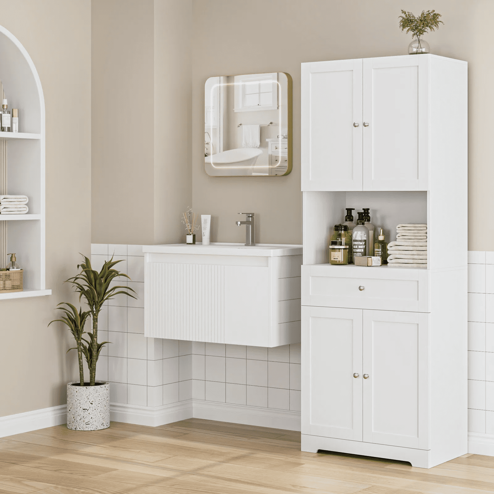 Ivinta Small Bathroom Storage Cabinets Free Standing with 4 Drawers, Wood White Bathroom Corner Closet Cupboard Organizer, for Better Homes and Garden
