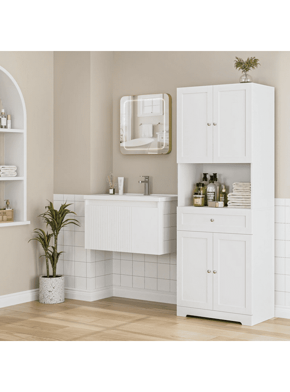 Homfa 67.5" Tall Bathroom Storage Cabinet with Drawer, 4 Door Modern Freestanding Cupboard, White