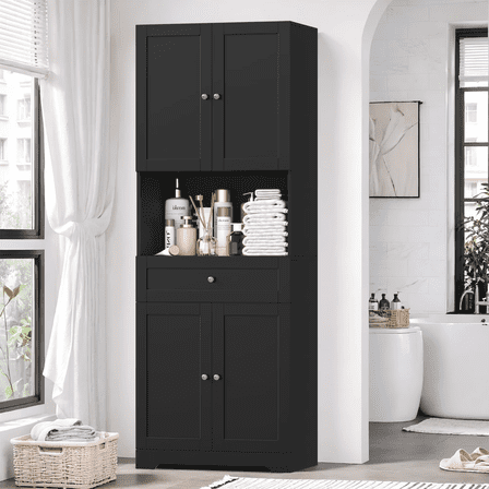 Homfa 67.5" Tall Farmhouse Bathroom Storage Cabiet with Drawer, 4 Door Modern Freestanding Storage Cabinet Cupboard, Black