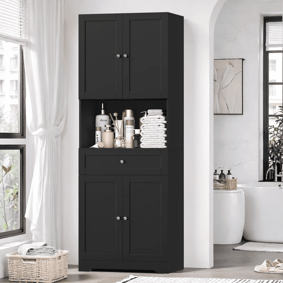 Homfa 67.5" Tall Farmhouse Bathroom Storage Cabiet with Drawer, 4 Door Modern Freestanding Storage Cabinet Cupboard, Black