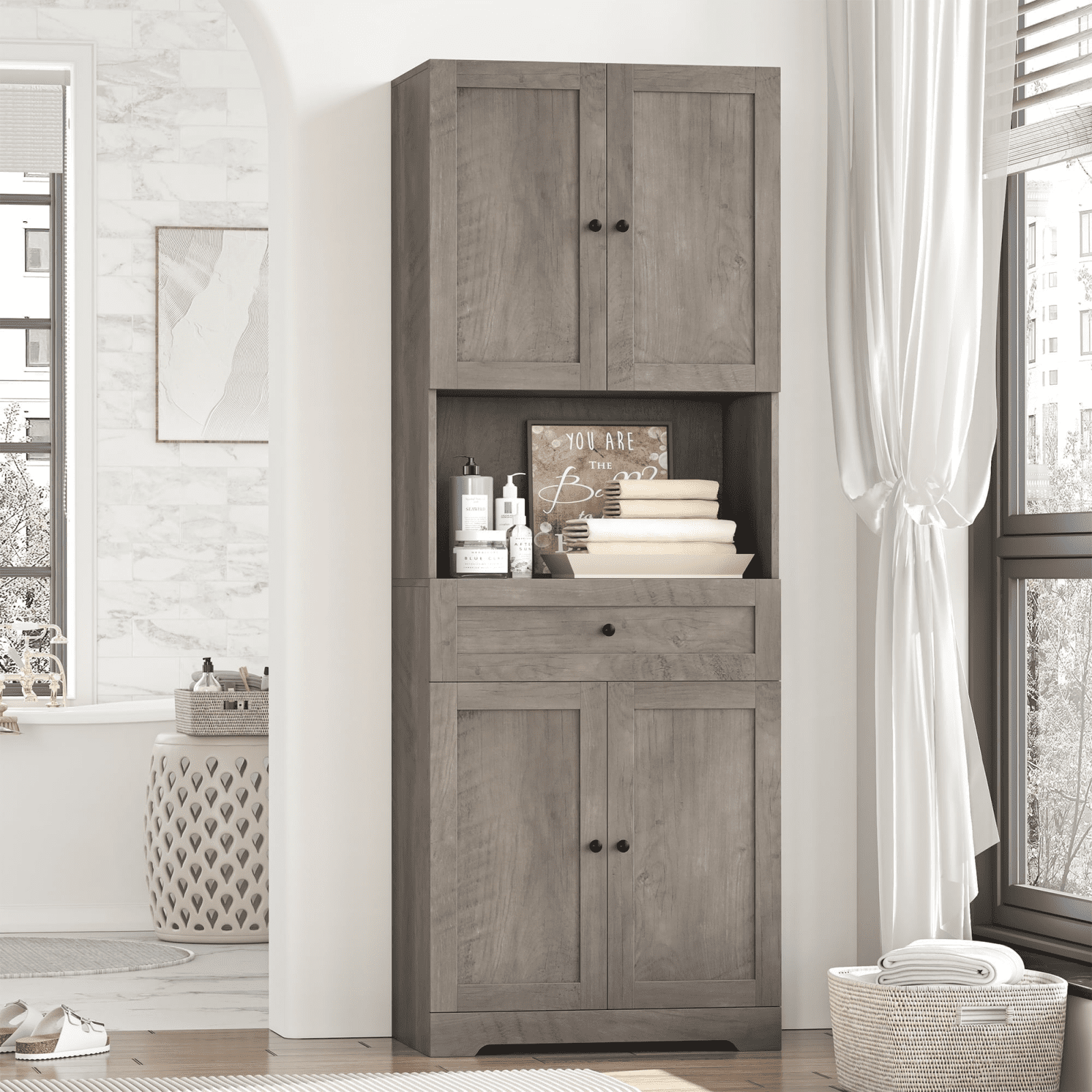 Homfa 67.5" Tall Farmhouse Bathroom Storage Cabinet with Drawer, 4 Door Modern Freestanding Storage Cabinet Cupboard, Gray