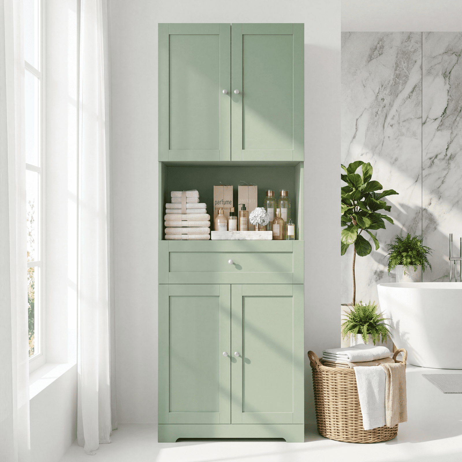 Homfa 67.5" Tall Modern Bathroom Storage Cabinet with Drawer, 4 Door Modern Freestanding Storage Cabinet Cupboard, Green