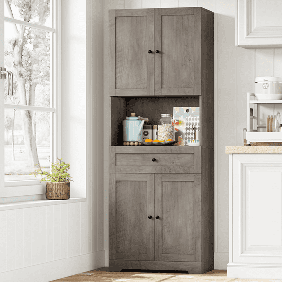 Homfa 67.5'' Tall Kitchen Pantry with Microwave Shelf, Large Storage Drawer Wood Pantry Storage Cabinet for Dining Room Living Room, Gray