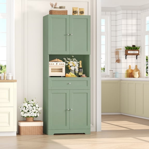 Homfa 67.5'' Tall Kitchen Pantry with Microwave Shelf, Large Storage Drawer Wood Pantry Storage Cabinet for Dining Room Living Room, Green