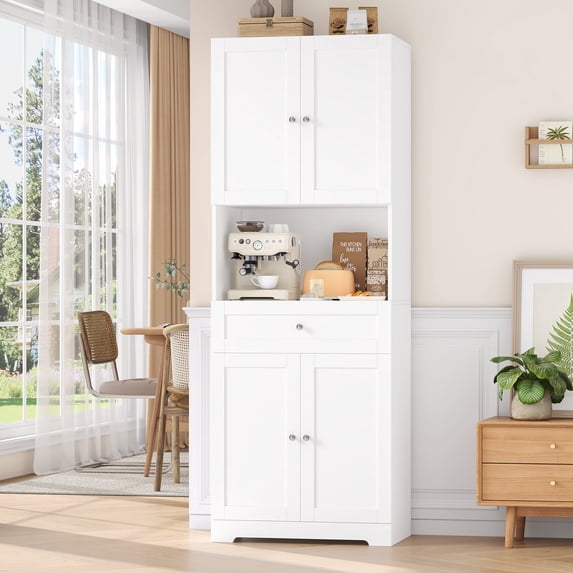 Homfa 67.5'' Tall Kitchen Pantry with Microwave Shelf, Large Storage Drawer Wood Pantry Storage Cabinet for Dining Room Living Room, White