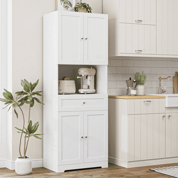 Homfa 67.5'' Tall Kitchen Pantry with Microwave Shelf, Large Storage Drawer Wood Pantry Storage Cabinet for Dining Room Living Room, White