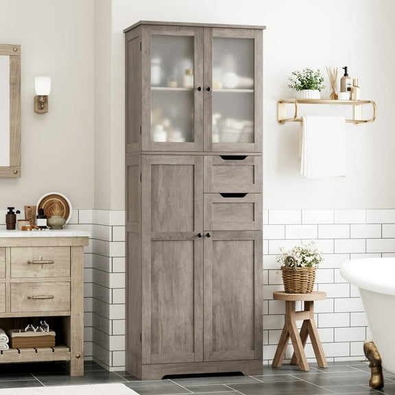 Homfa 67"H Bathroom Cabinet, Linen Cabinet with Doors and Drawers, Kitchen Cupboard, Wash Gray