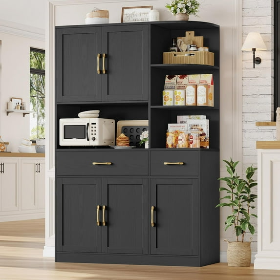 Homfa 67" Kitchen Pantry with Microwave Stand, Freestanding Kitchen Cupboard with 5 Doors, 2 Drawers and 3 Side Shelf, Hutch Cabinet for Dining Room, Black