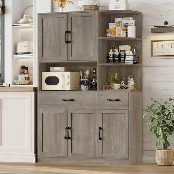 Homfa 67" Kitchen Pantry with Microwave Stand, Freestanding Kitchen Cupboard with 5 Doors, 2 Drawers and 3 Side Shelf, Hutch Cabinet for Dining Room, Wash Gray