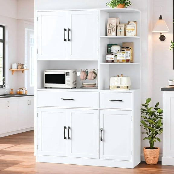 Homfa 67" Kitchen Pantry with Microwave Stand, Freestanding Kitchen Cupboard with 5 Doors, 2 Drawers and 3 Side Shelf, Hutch Cabinet for Dining Room, White