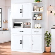 Homfa 67" Kitchen Pantry with Microwave Stand, Freestanding Kitchen Cupboard with 5 Doors, 2 Drawers and 3 Side Shelf, Hutch Cabinet for Dining Room, White