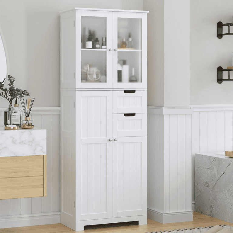 Homfa 67 Tall Bathroom Cabinet White Linen With Doors And Removable Drawers Kitchen Cupboard Com