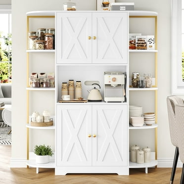 Homfa 67" Tall Farmhouse Kitchen Pantry Cabinet with Microwave Stand and 8 Shelves, 4 Doors Freestanding Buffet Hutch, White
