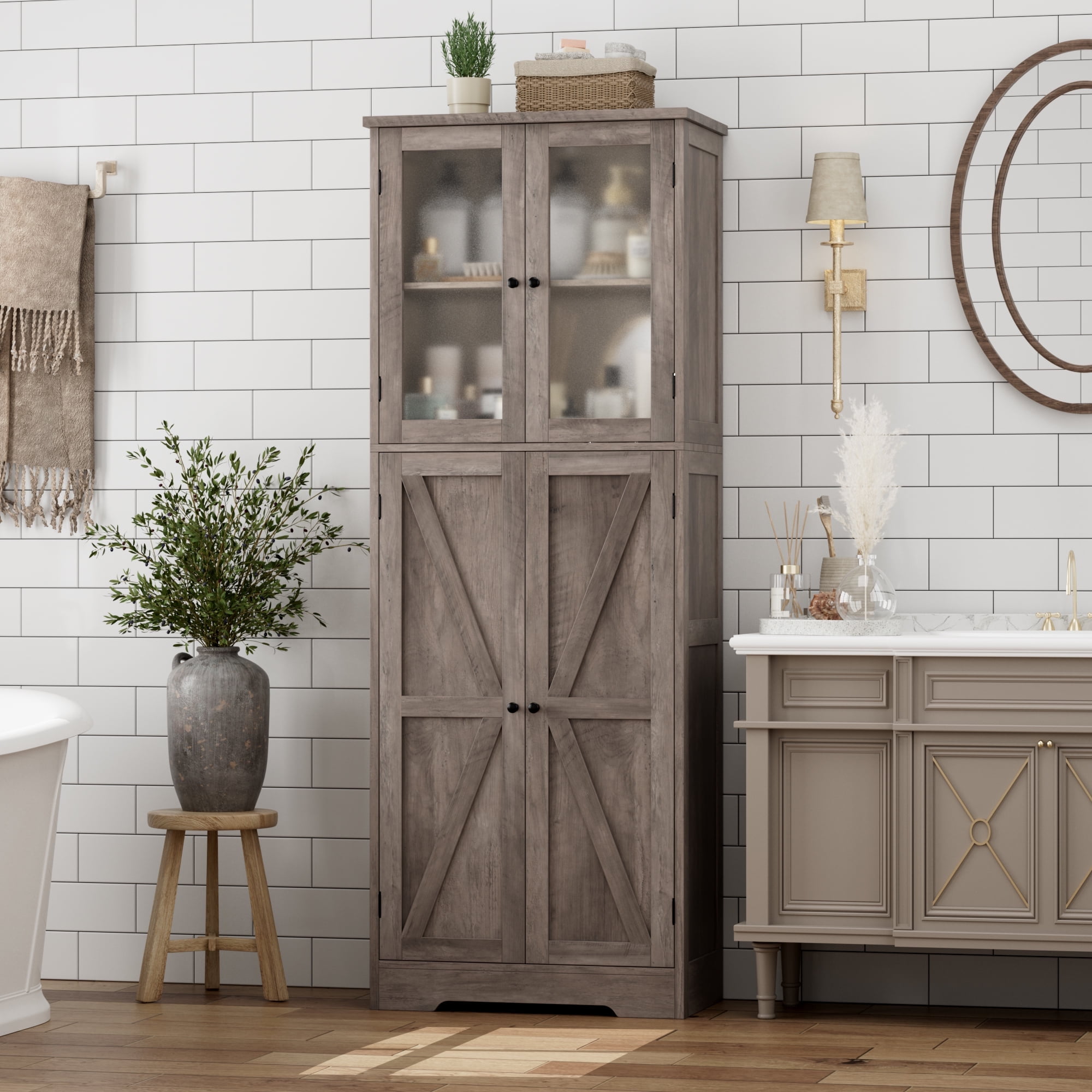 Homfa 67" Tall Gray Bathroom Storage with Glass Doors