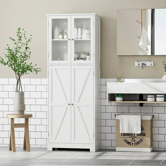 Homfa 67" Tall White Bathroom Storage Cabinet with Glass Doors, Farmhouse Freestanding Cupboard Storage Cabinet for Small Space