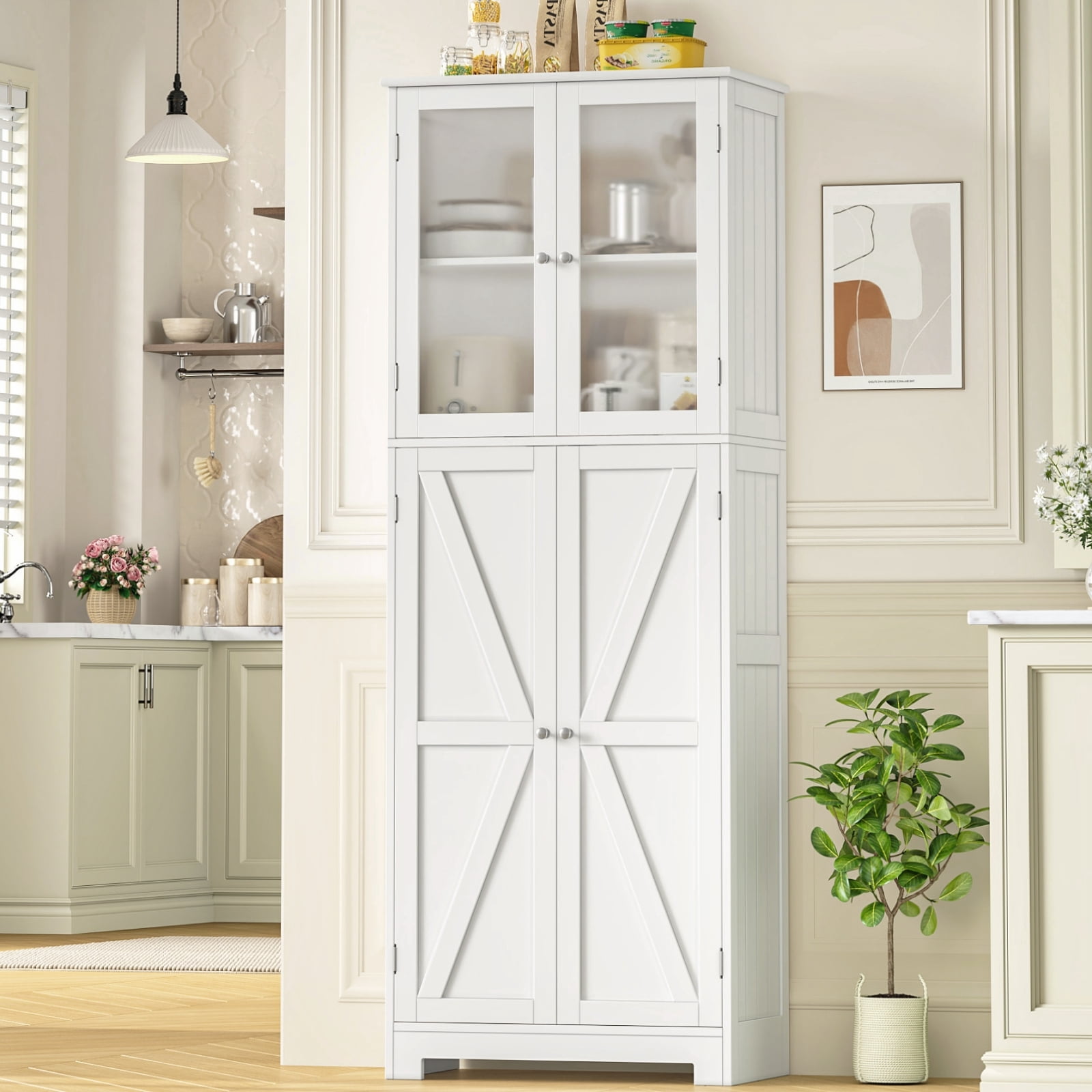 Homfa 67" Kitchen Pantry with Glass Door, Freestanding Cupboard Storage Cabinet for Small Space, White