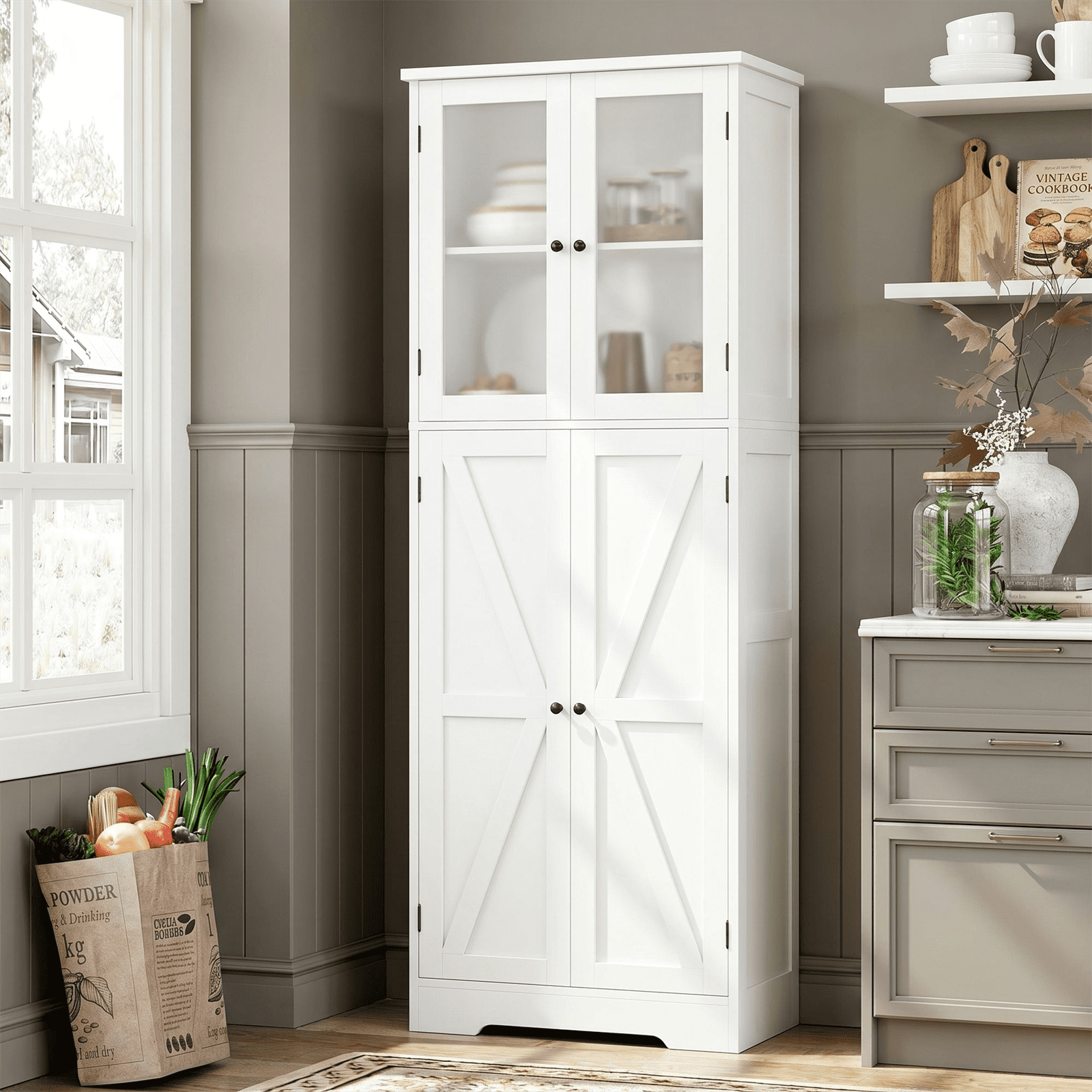 Homfa 67" Farmhouse Kitchen Pantry Storage Cabinet with Glass Doors, Freestanding Cupboard Storage Cabinet for Small Space, White