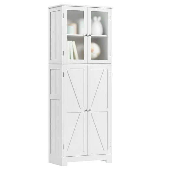 Homfa 67" Farmhouse Bathroom Storage Cabinet with Glass Doors, Freestanding Cupboard Storage Cabinet for Small Space, White