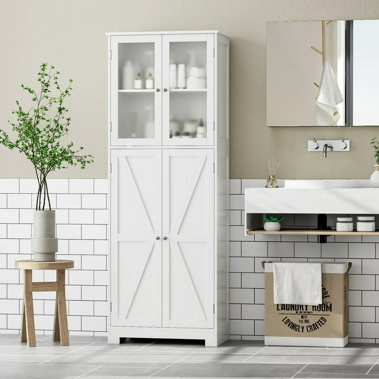 Homfa 2 Tier Shelves Bathroom Storage Cabinet, Wood Storage Floor Cabinet  with 2 Doors, White 