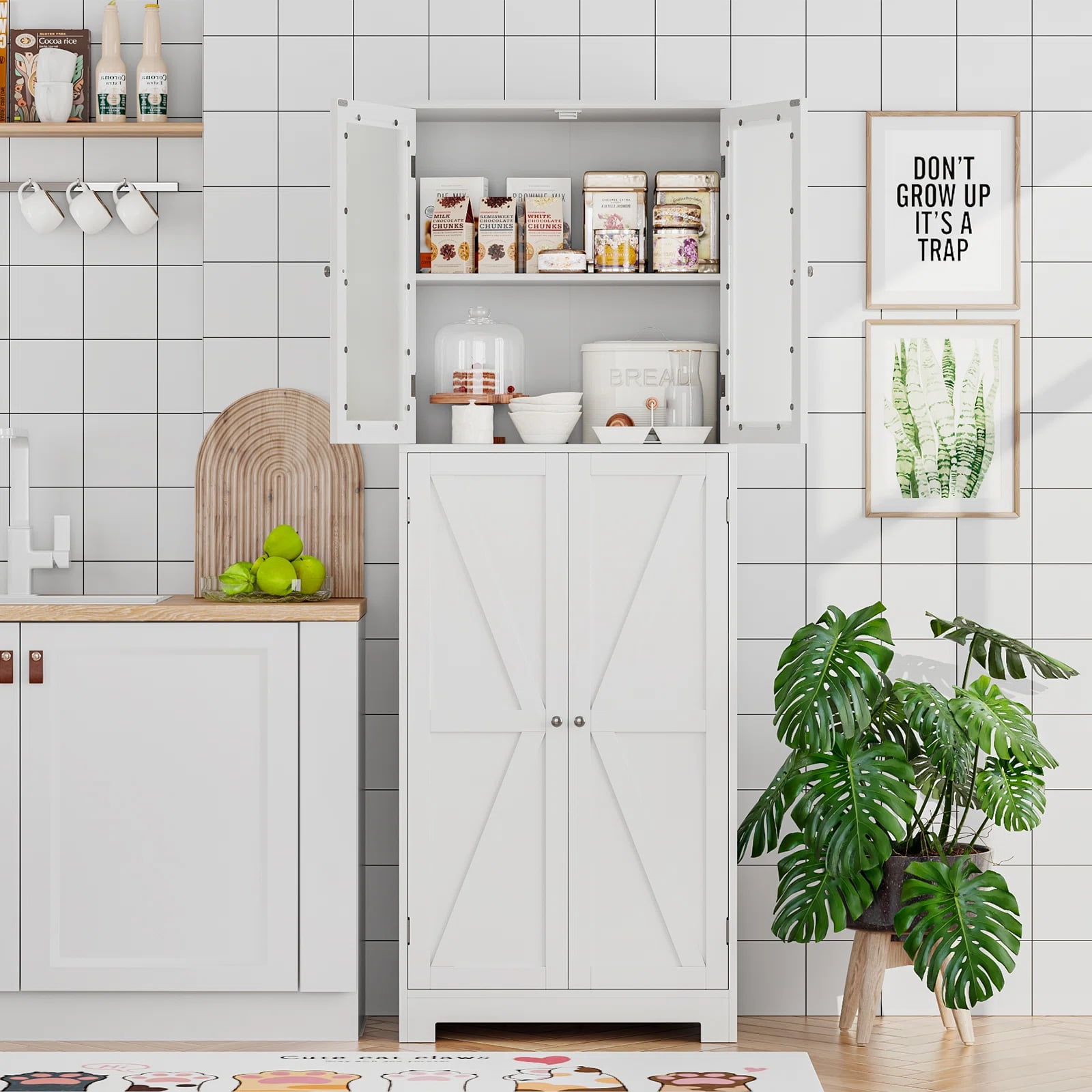 Homfa 67" Tall White Kitchen Pantry with Glass Doors, Farmhouse