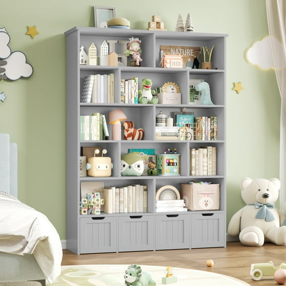 Homfa 68.9" Tall Toy Storage Organizer, 12 Storage Cubbies Bookcase with 4 Drawers for Playroom Living Room, Gray
