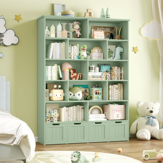 Homfa 68.9" Tall Toy Storage Organizer, 12 Storage Cubbies Bookcase with 4 Drawers for Playroom Living Room, Green
