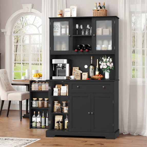 Homfa 68''H Pantry Cabinet with Wine Rack, 5 Doors Kitchen Storage Hutch with Adjustable Shelves for Dining Room, Black