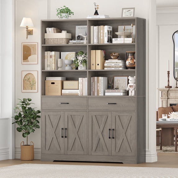 Homfa 69'' Tall Bookcase with 2 Drawers, 6-Tier 6 Cubes Display Bookshelf for Living Room, 4 Doors Double Row Bookcase with Adjustable Shelves, Gray