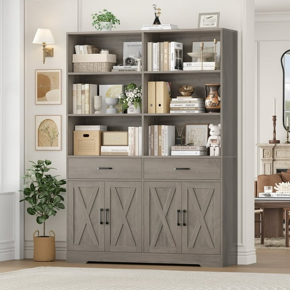 Homfa 69'' Tall Bookcase with 2 Drawers, 6-Tier 6 Cubes Display Bookshelf for Living Room, 4 Doors Double Row Bookcase with Adjustable Shelves, Gray