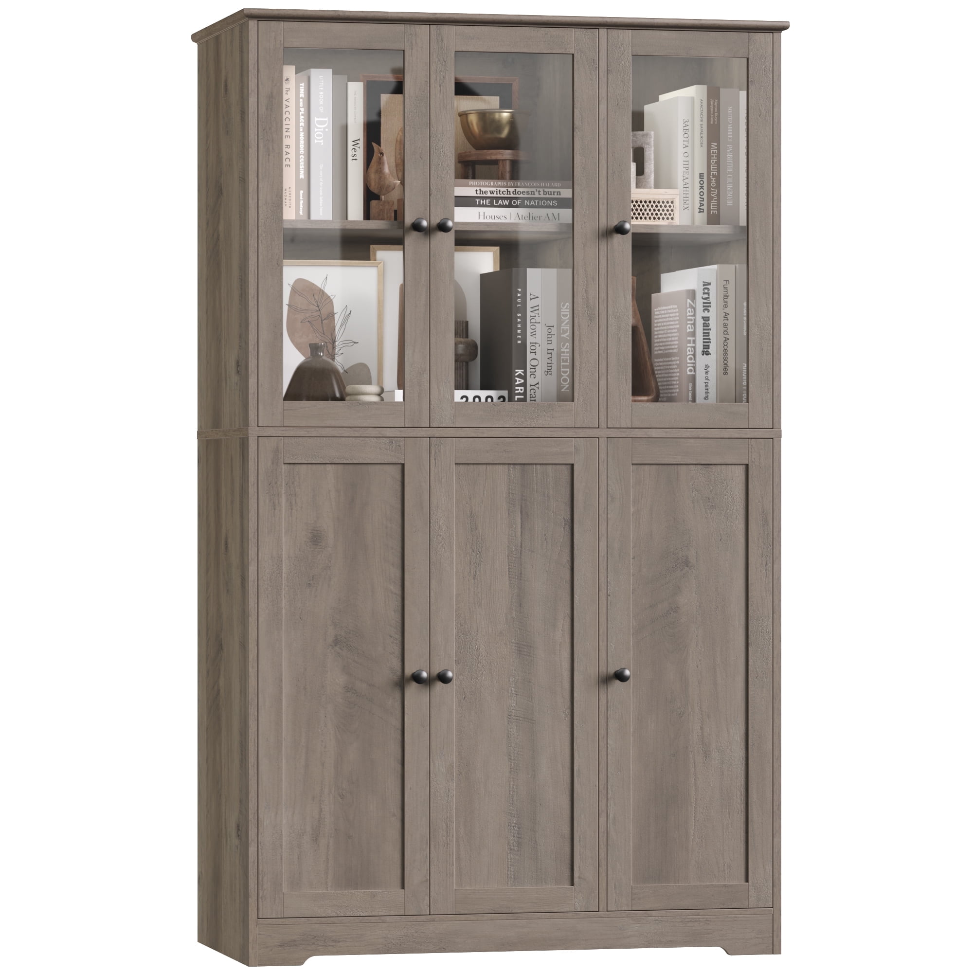 Homfa 69" Tall Bookshelf, 5-Tiers Large Bookcase with Glass Doors and Hutch Storage Cabinet for Living Room Kitchen Office, Gray
