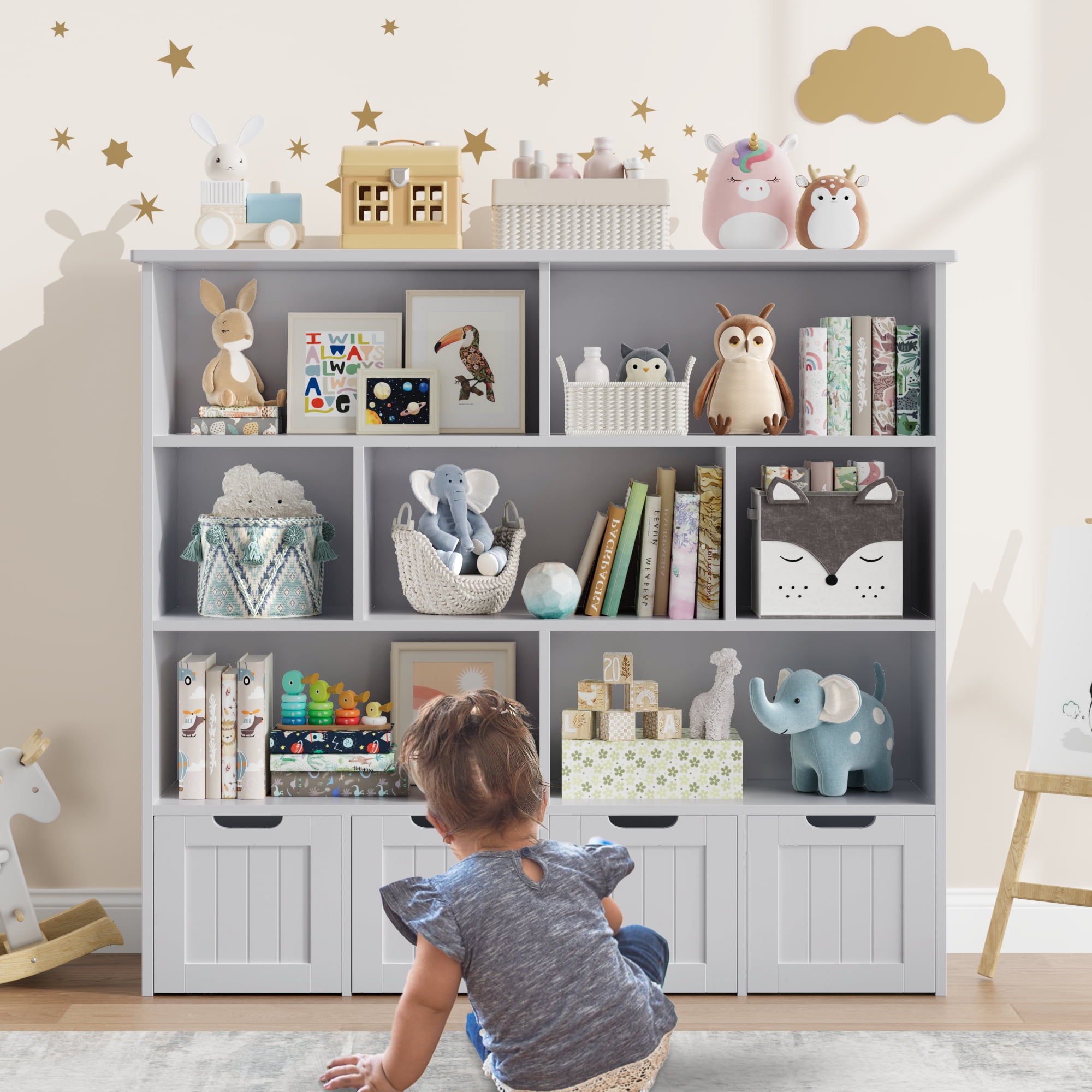 Homfa 7 Cube Toy Storage Organizer Kids Geometric Bookcase and Bookshelf with 4 Drawers White