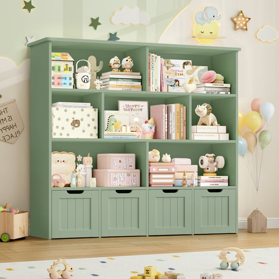 Homfa 7 Cube Toy Storage Organizer, Kids Geometric Bookcase and Bookshelf with 4 Drawers, Green