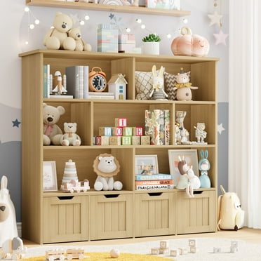 Homfa 7 Cube Toy Storage Organizer, Kids Geometric Bookcase and Bookshelf with 4 Drawers, Natural