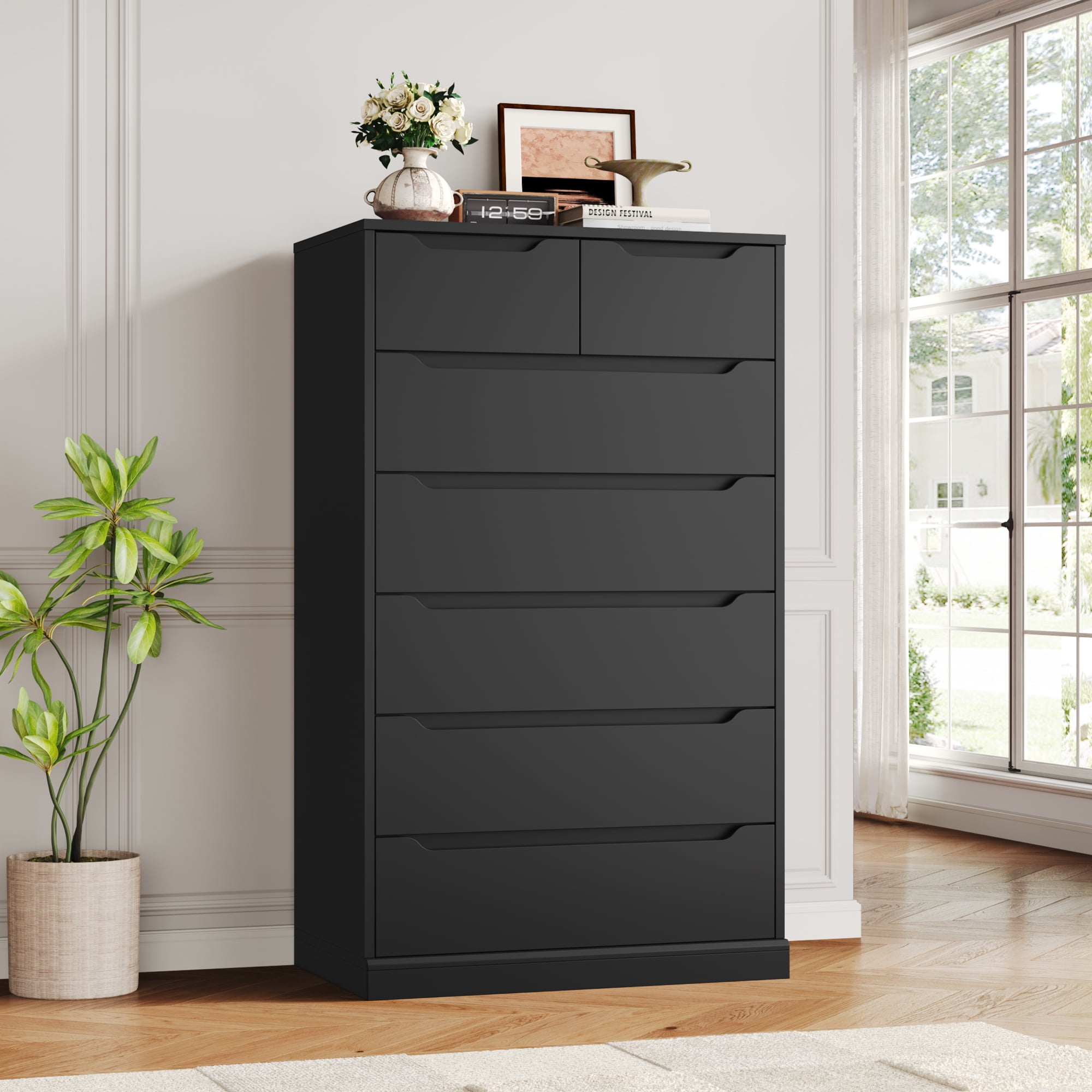 Homfa 7 Drawer Black Dresser, 51.3"H Wood Storage Cabinet with Upgraded  Stable Base, Vertical Chest for Bedroom Living Room