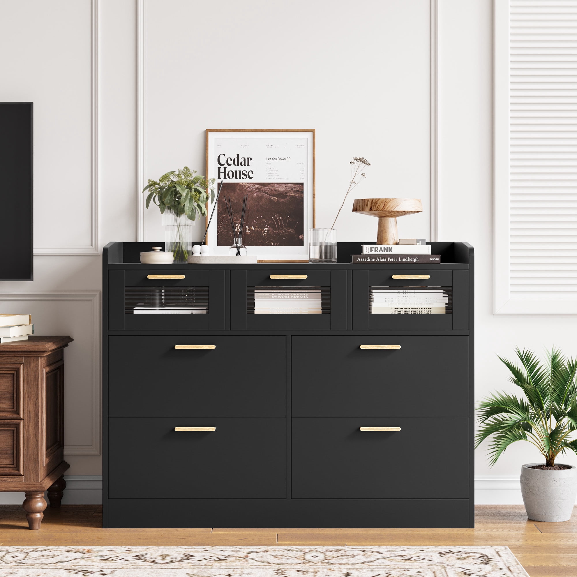 Homfa 7 Drawer Black Dresser for Bedroom, Glass Panel Wood Storage ...