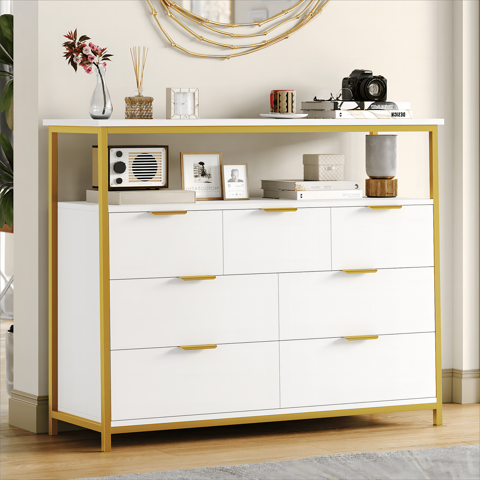 Walmart promo code:  Homfa 7 Drawer Dresser, Modern Sturdy Metal Frame, Wooden Furniture, Floor Chest for Bedroom, White Gold