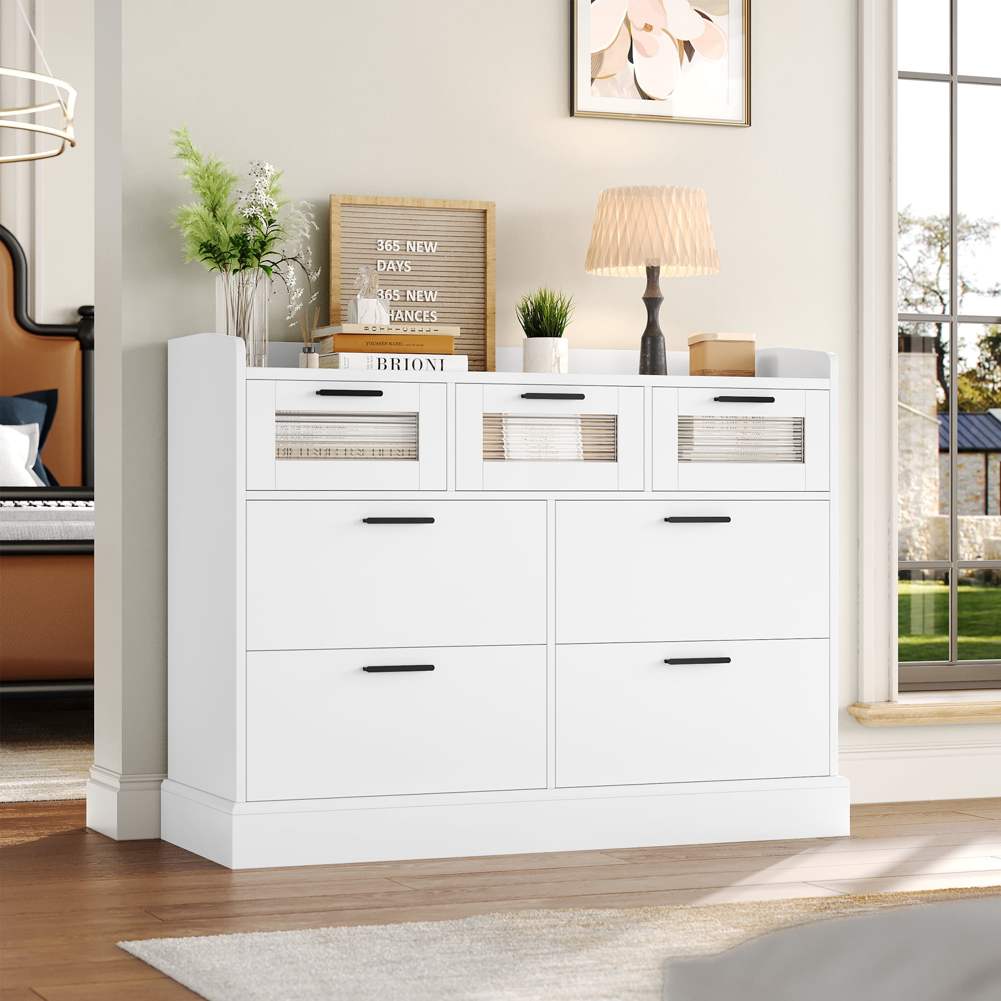 Homfa 7 Drawer White Dresser, Glass Panel Wood Storage Cabinet, 31.5""  Bedroom Chest" - Walmart.com
