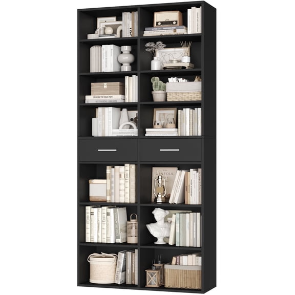 Homfa 7-Tier Bookcase with 2 Drawers, 72.8" H Double Wide Bookcase with 4 Adjustable Shelves for Study Office Living Room, Black