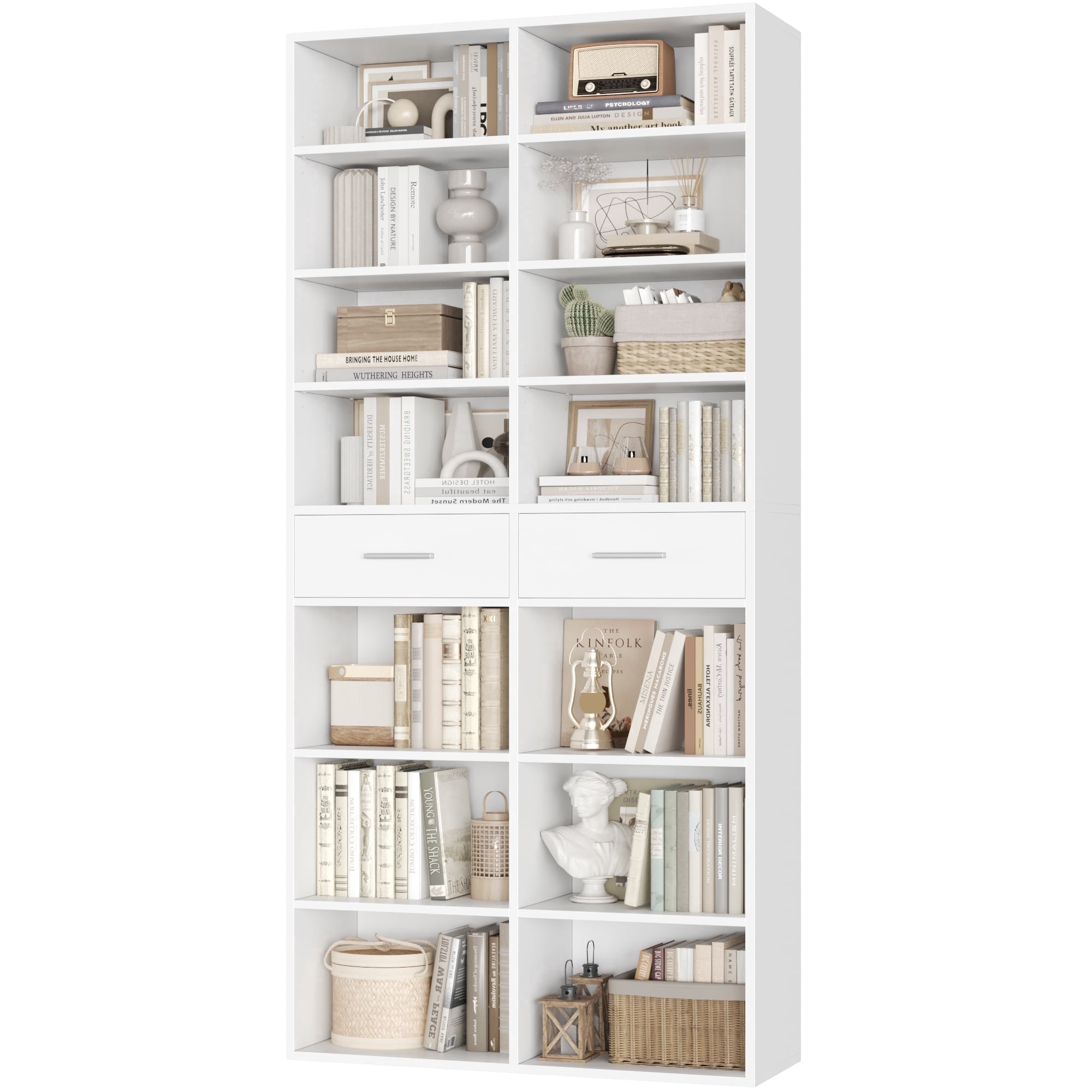 Homfa 7-Tier Bookcase with 2 Drawers, 72.8" H Double Wide Bookcase with 4 Adjustable Shelves for Study Office Living Room, White