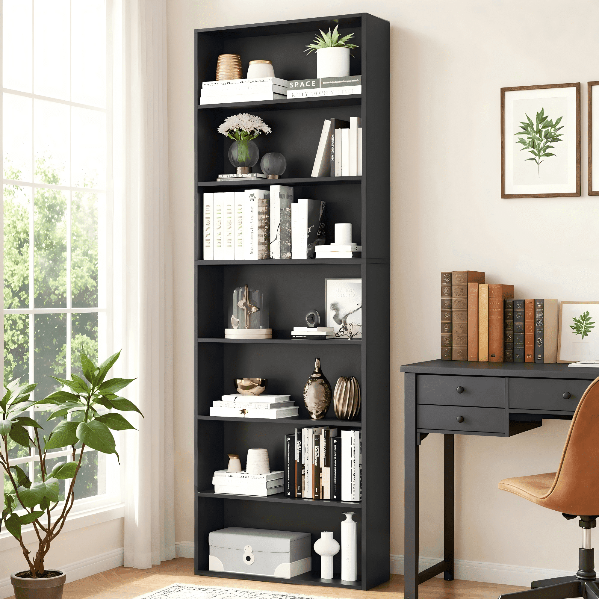 Homfa 82" Tall Bookcases, Freestanding Display Storage Shelves, 7-Tier Open Bookshelf for Home Office Living Room Bedroom, Black