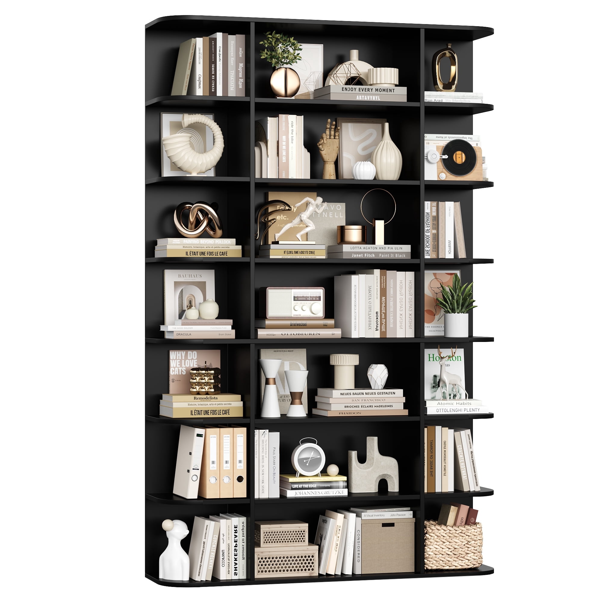 Homfa 7-Tier Triple Wide Bookcase, 84.6" Tall Bookshelf with Curved Display Shelves for Living Room Home Office Study, Black