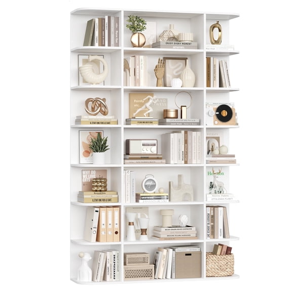 Homfa 7-Tier Triple Wide Bookcase, 84.6" Tall Bookshelf with Curved Display Shelves for Living Room Home Office Study, White