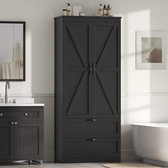 Homfa 70.3"H Bathroom Storage Cabinet, Farmhouse Linen Storage Cabinet with 2 Drawers, Black