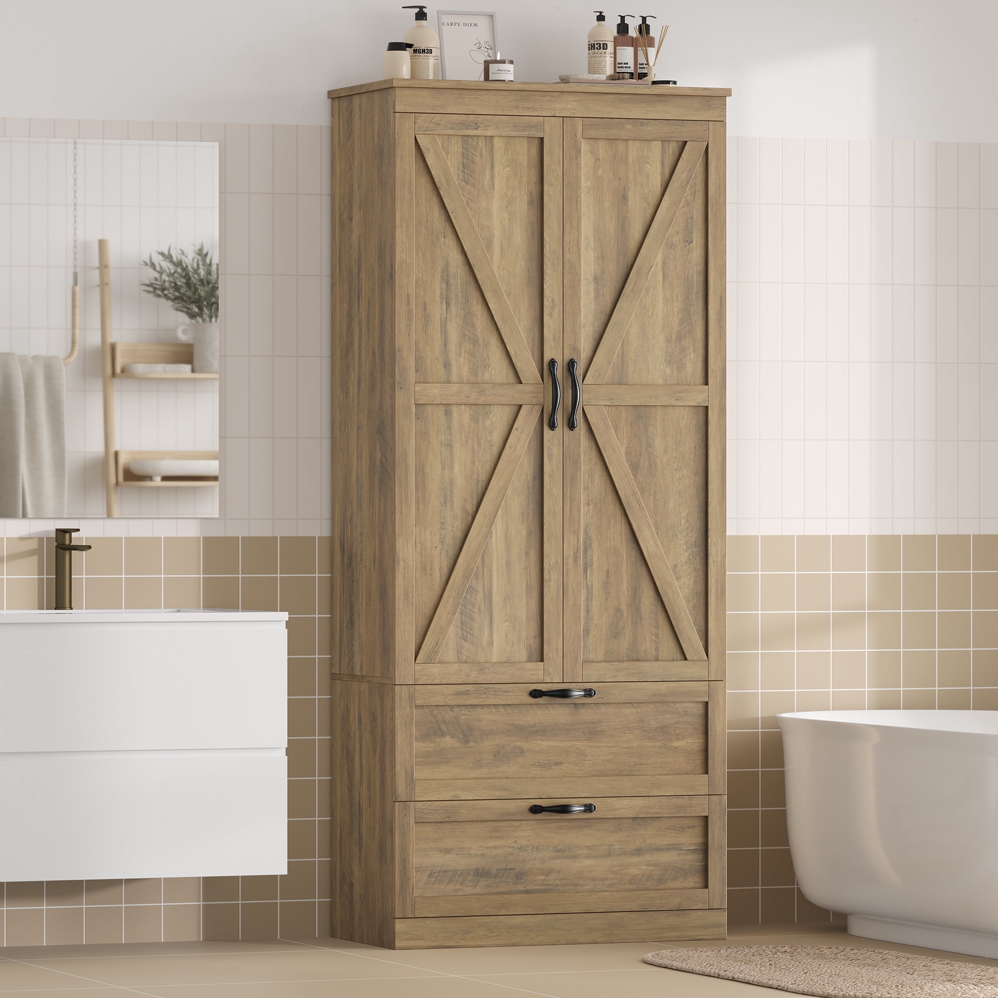 Homfa 70.3"H Bathroom Storage Cabinet, Farmhouse Linen Storage Cabinet with 2 Drawers, Rustic Brown