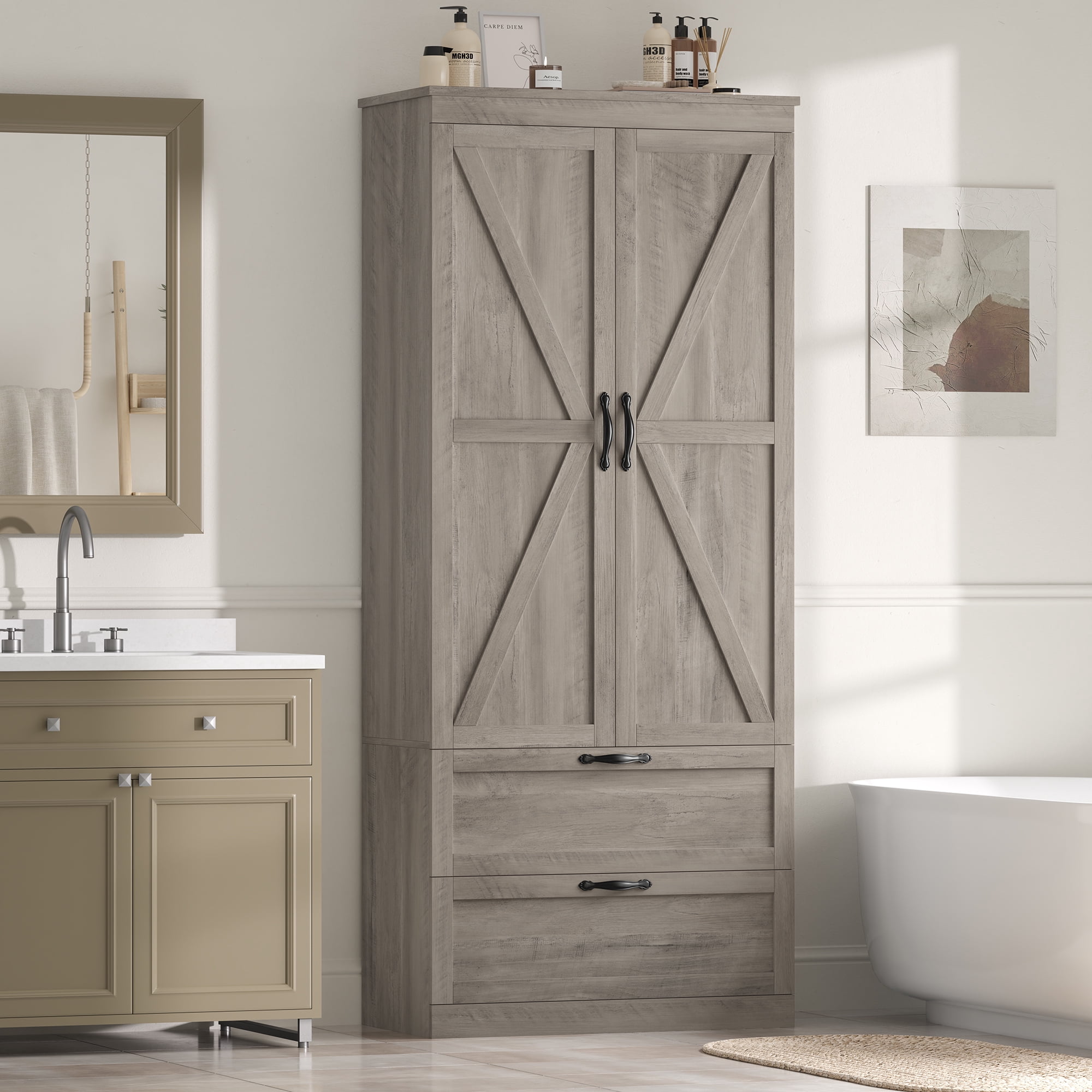 Homfa 70.3"H Bathroom Storage Cabinet, Farmhouse Linen Storage Cabinet with 2 Drawers, Wash Gray
